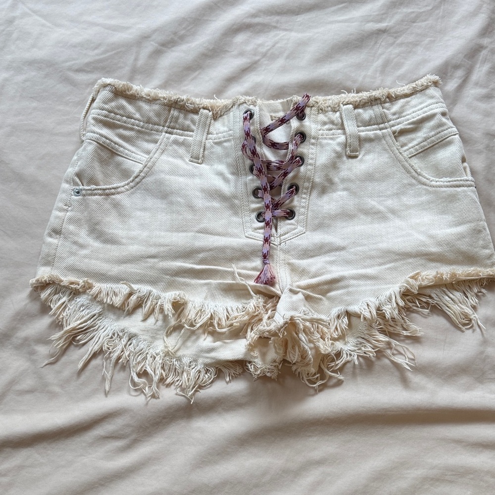 Free People Cream Lace-Up Frayed Shorts